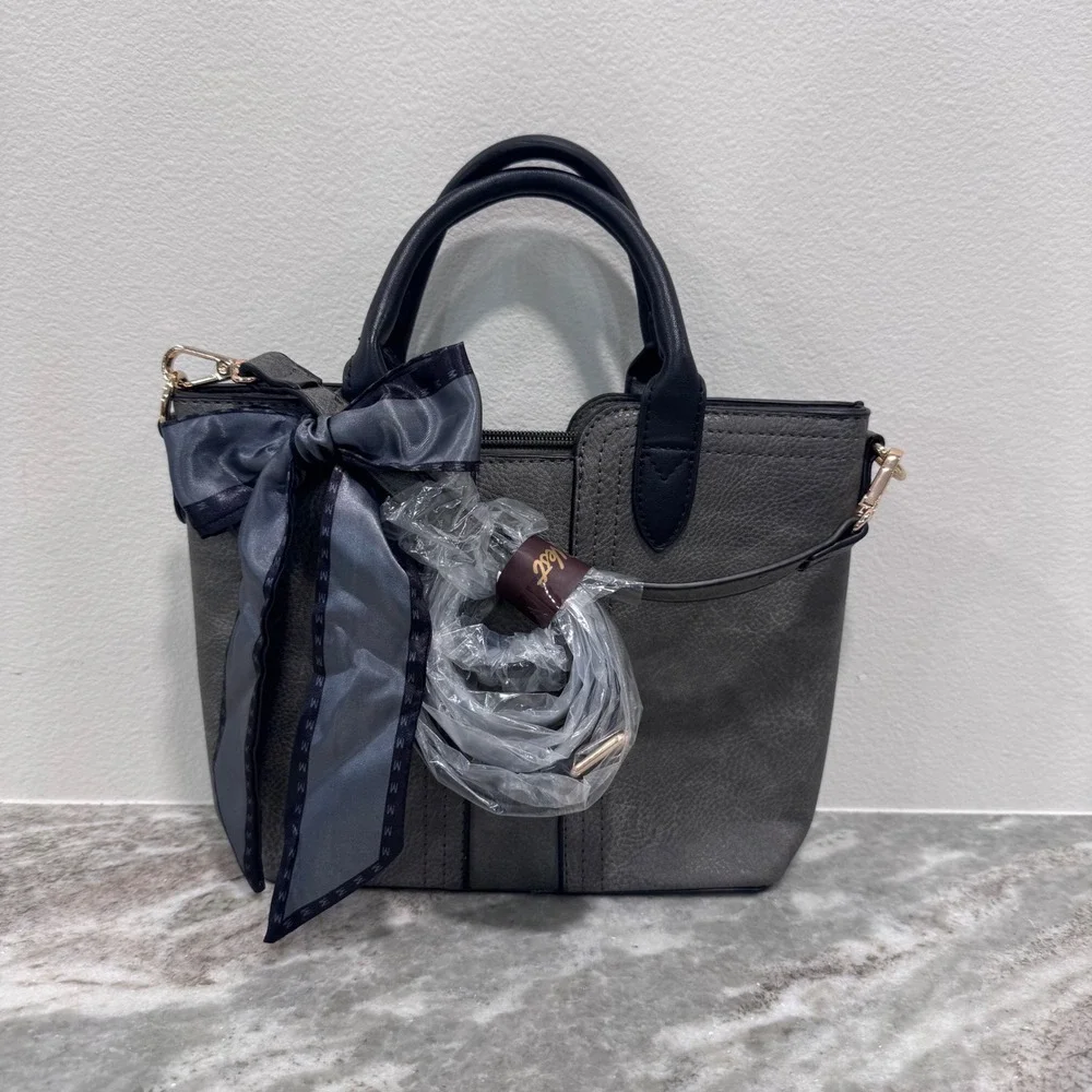 Montana West Gray Vegan Leather Satchel Handbag with Bow and Crossbody Strap